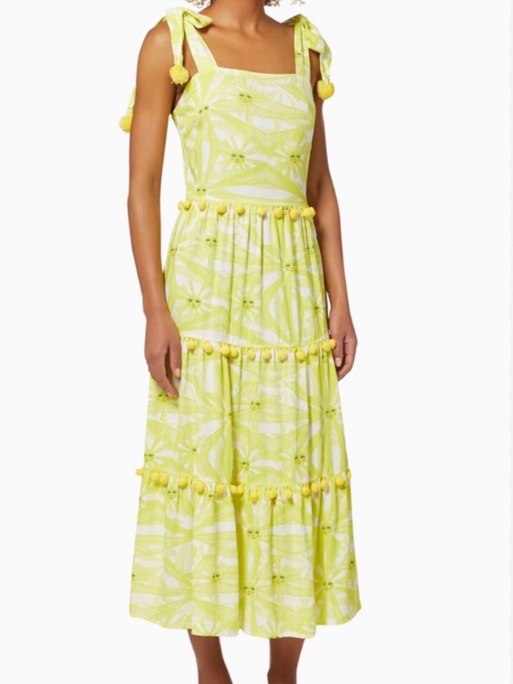 Never Fully Dressed Yellow and White sunburst tiered Pom Pom dress